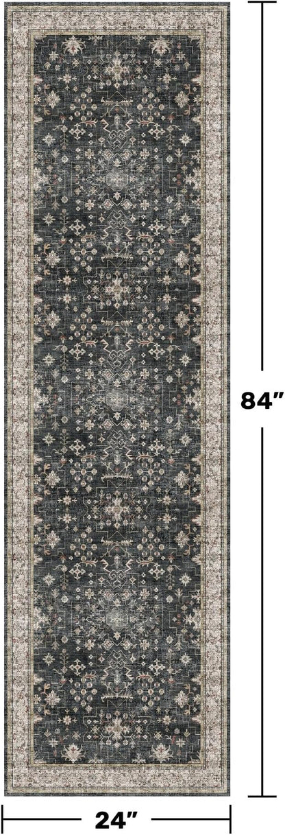 Black 2x7 Long Runner Rugs for Entryway, Throw Runners for Kitchen Hallway, Boho Vintage Floral Decor & Non-Slip Low-Pile Washable Stain Resistant Ashen Charcoal Rug