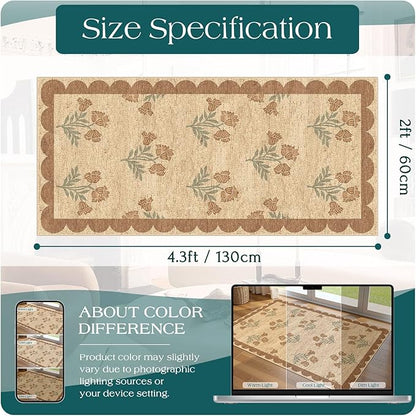 Front Door Mat Indoor Entrance - 2x4.3 Ft Tan Floral Washable Layered Doormat Outdoor Entrance Porch Rug Non-Slip Neutral Country Jute-Look Runner Rug for Kitchen Mud Laundry Room Porch Decor