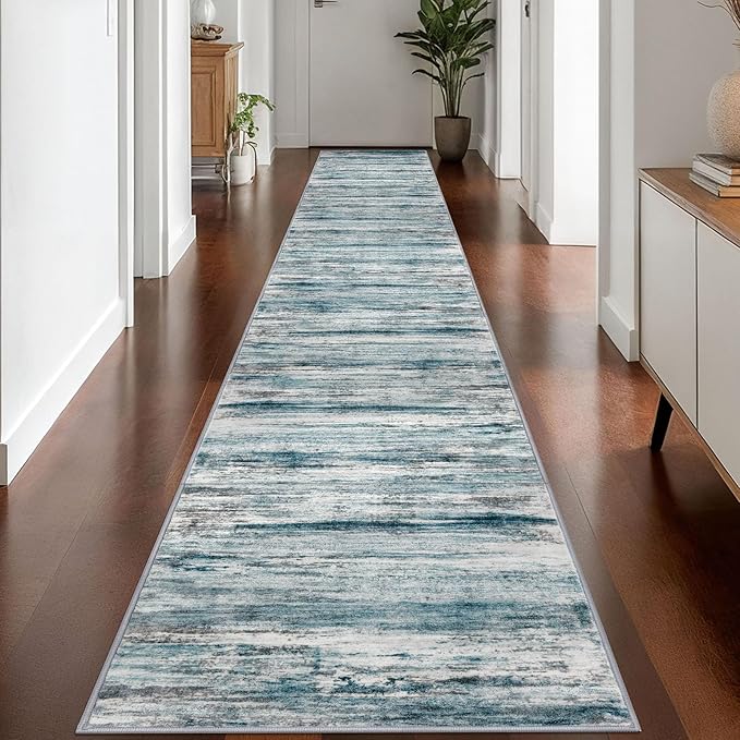 KOZYFLY Modern Abstract Hallway Runner Rug, 2.6x16 Washable Rug Runner Non-Slip Soft Striped Kitchen Runner Rugs, Print Blue Carpet Runner for Stair Entryway Bathroom Laundry Room Foyer