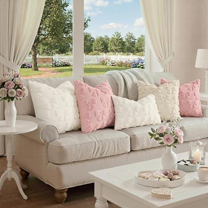 decorUhome Beige Bow Pillow Covers Set of 2 Coquette Aesthetic Cute Preppy Plush Faux Pillowcases for Girly Bedroom or Couch 16x16 Inch