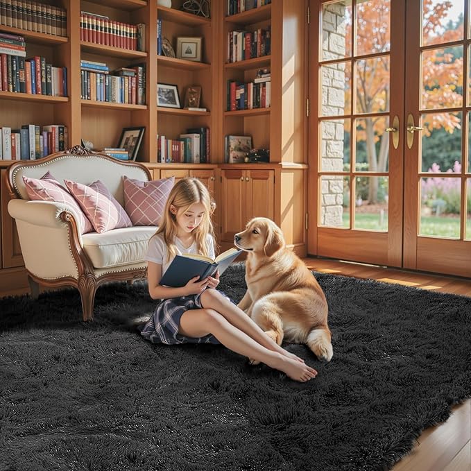 Area Rugs 10x14 Living Room, Shaggy Carpet Soft Plush Furry Bedside Rug Large Area Rugs for Bedroom Kids Girls Boys Home Decor Anti Slip(10 x 14, Black)