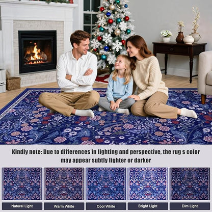 Round Area Rug for Living Room: 4 ft Floral Washable Circle Rug Soft Boho Non-Slip Carpet Indoor Stain Resistant Low Pile Small Circular Rug for Bedroom Entryway Kitchen Nursery Home Office Blue