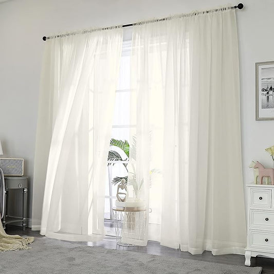 OWENIE Sheer Curtains 84 Inches Long 2 Panels Set, Ivory Sheer Curtain for Living Room Bedroom, Modern Voile Filmy Rod Pocket Curtains & Drapes, 2 Pcs, Each 59 W x 84L Inch, Ivory