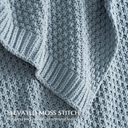 EVERGRACEHOME Chunky Chenille Knit Throw Blanket for Couch, Soft Luxurious Moss Stitch Blankets for Bed, Cozy Decorative Farmhouse Knitted Throws for Sofa, Chambray Blue, 50" x 60"