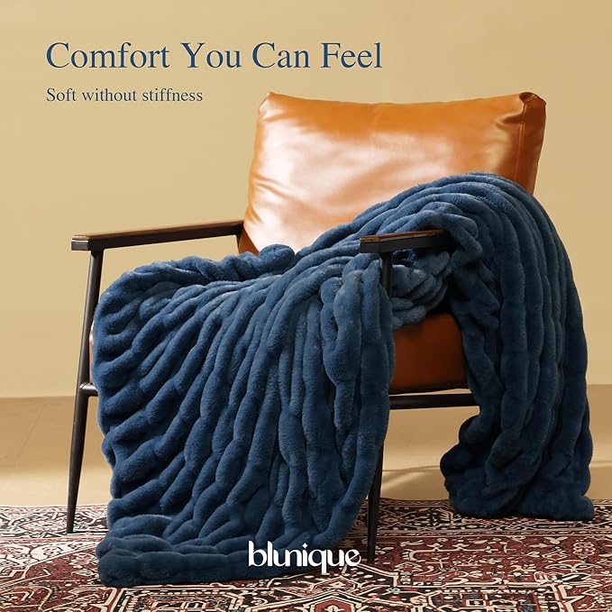 Ultra Soft Cozy Faux Fur Throw Blanket, Fuzzy Plush Thick Bubble Blanket, Oversize Luxury Fluffy Blanket for Couch, Sofa, Bedroom, and Living Room,50x60 Inches,Double Sided Blue