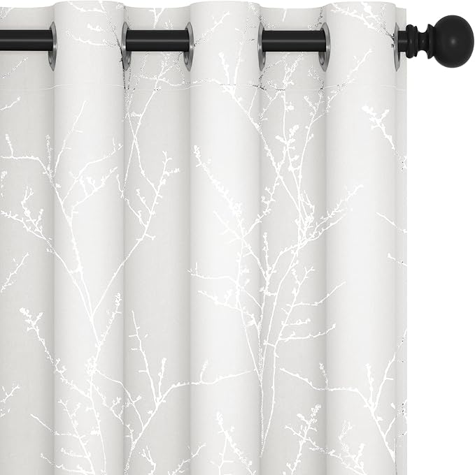 Deconovo Room Darkening Curtains, White Curtain, Thermal Insulated & Noise Reducing Drapes, Silver Branch Pattern, 52 x 95 Inch Long, Grommet Panels for Bedroom Living Room Office Nursery, Set of 2