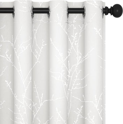 Deconovo White Curtains, Room Darkening Curtain, Thermal Insulated & Noise Reducing Drapes, Silver Branch Pattern, 52 x 108 Inch Long, Grommet Panels for Bedroom Living Room Office Nursery, Set of 2