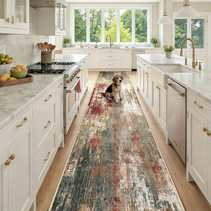 Washable Area Rugs 2'6'' x12 Non-Slip Modern Abstract Soft for Living Room Entryway Bedroom Nursery, Print Pattern, Brown Rust Red Green Blue Multi