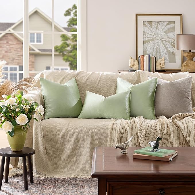 GIGIZAZA Throw Pillow Covers 22x22 Inch Sage Green Velvet Pillows Decorative Covers Pack of 2 for Sofa Pillowcase Cushion Covers