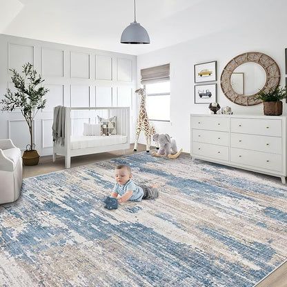 9x12 Area Rug for Living Room, Washable Modern Abstract Large Area Rug Neutral Soft Non Slip Kids Rug Stain Resistant Indoor Carpet for Bedroom Dining Room Playroom Office(BlueBeige, 9'x12')
