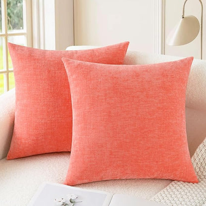 CaliTime Throw Pillow Covers Decorative 24 X 24 Inches Pack of 2 Cozy Chenille Cushion Cases for Couch Sofa Bed Living Room Home Living Coral
