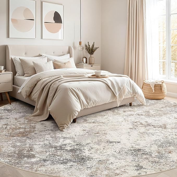 UERMEI 10ft Round Area Rug Living Room Rugs - 10x10 Washable Large Neutral Modern Abstract Soft Thin Rug Indoor Floor No Slip Rug Carpet for Bedroom Under Dining Table Home Office Decor - Brown Grey