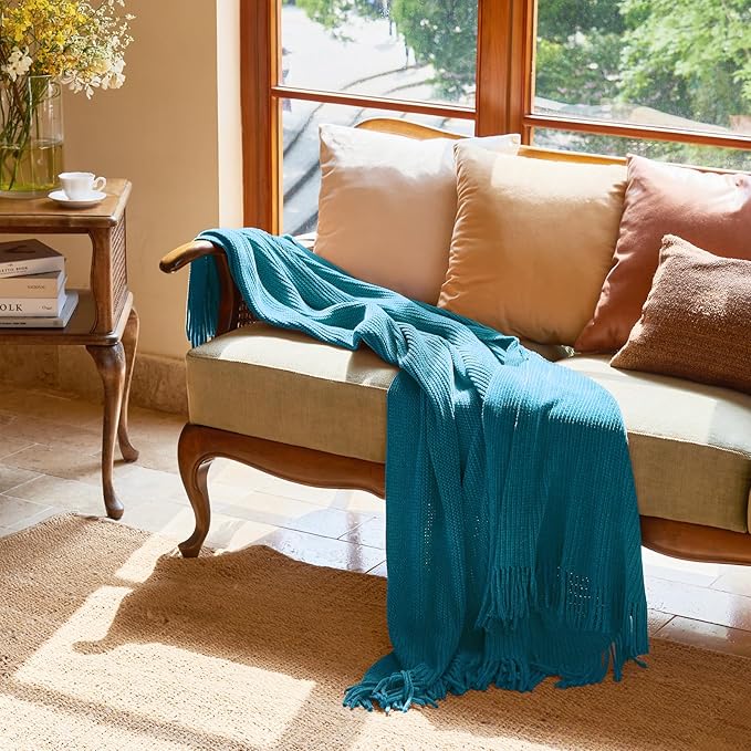 lifein Chenille Throw Blanket 50x60 - Soft Boho Knitted Blanket for Couch Cozy Farmhouse Decor Bed Throw, Lightweight All Season Teal Blanket, Decorative for Living Room Bedroom Spring Decor