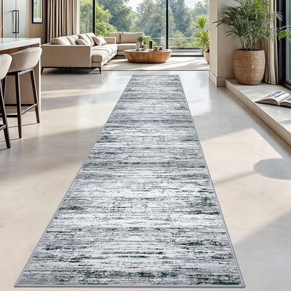 Lansny Modern Abstract Runner Rug 2.6x18, Black Grey White Washable Long Kitchen Runner Non-Slip Soft Hallway Rug Runner Thin Print Faux Wool Carpet for Entryway Bedroom Laundry Room Indoor Home Decor