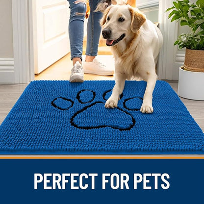 OLANLY Dog Door Mat for Muddy Paws 30x20, Paw Print Design, Absorbs Moisture and Dirt, Non-Slip Washable Doormat, Quick Dry Chenille Mud Mat for Dogs, Entry Indoor Entryway Carpet, Deep Navy Blue