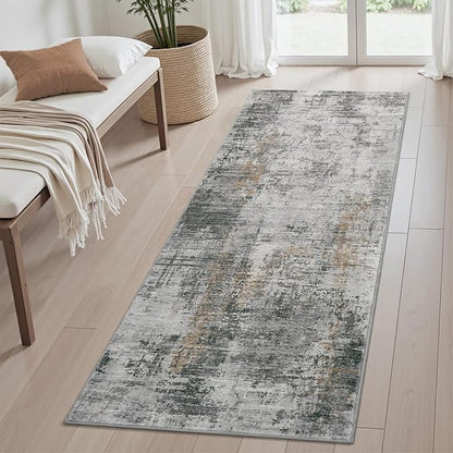 AMOAMI 2 x 8 Hallway Runner Rug Non Slip Super Soft Long Runner Rugs Machine Washable Low Pile Modern Abstract Runners for Hallways for Bedroom Laundry Room Kitchen, Grey