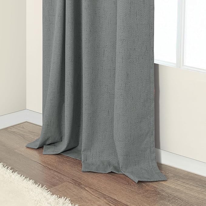 Grey Blackout Curtains for Bedroom 84 Inch Length 2 Panel Linen Textured Thermal Insulated Winter Blocking Darkening Window Drape Black Out Long Curtain for Living Room Sliding Door Back Tab Dark Gray