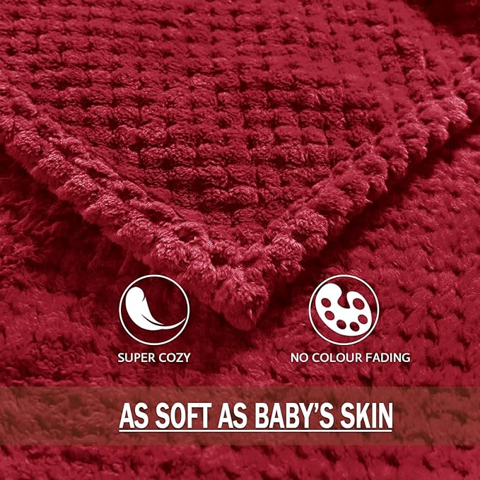 Exclusivo Mezcla Fleece Bed Blanket Twin Size, Super Soft and Warm Blankets for Couch, Sofa and Bed Waffle Textured, Cozy, Fuzzy and Lightweight (Deep Red, 90x66 Inches)