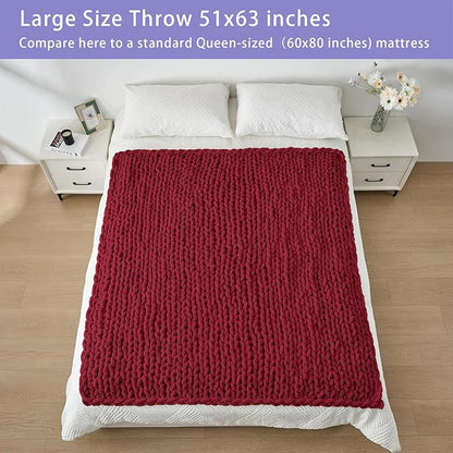 Bigacogo Chunky Knit Throw Blanket for Couch, 51x63 inches, 100% Hand Knitted with Thick Jumbo Chenille Yarn, Cozy Soft Large Rope Knot Cable Crochet Blankets for Sofa Bed Living Room, Red
