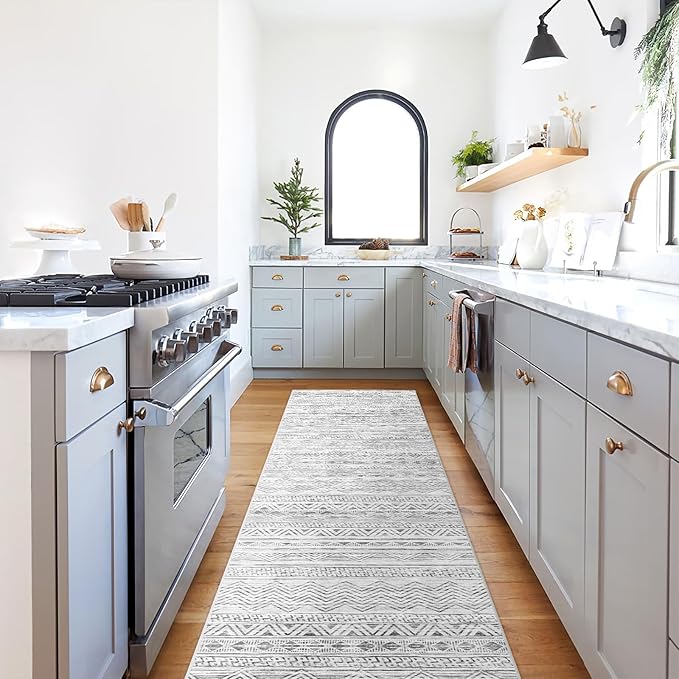 Washable Moroccan 2'6"x12' Hallway Rug - Non Slip Kitchen Runner Rug Soft Bedroom Floor Mat Rubber Backing Rug for Living Room Entryway Farmhouse with Low Pile Carpet 2'6"x12' Gray