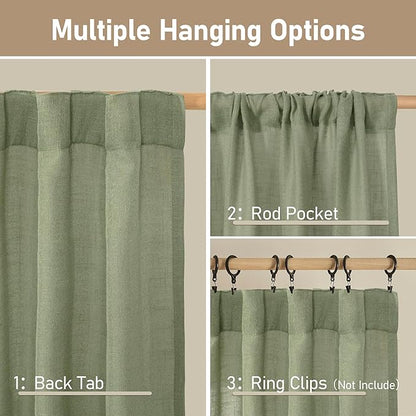 LAMIT Sage Green Semi Sheer Window Linen Curtains, 54 Inch Length Light Filtering Panels Back Tab and Rod Pocket Neutral Drapes for Bedroom/Living Room, 2 Panels, 34 x 54 Inch