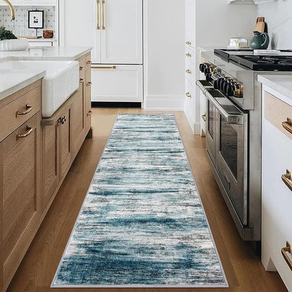 KOZYFLY Modern Abstract Hallway Runner Rug, 2.6x8 Washable Rug Runner Non-Slip Soft Striped Kitchen Runner Rugs, Print Light Blue Carpet Runner for Entryway Bathroom Laundry Room Foyer
