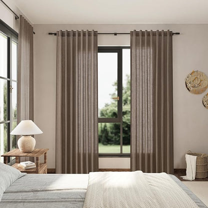 Extra Long Light Brown Curtains 2 Panels 102 Inches Long for Living Room Back Tab Rod Pocket Light Filtering Semi Sheer Drapes Cotton Linen Textured Window Curtain 102 Inch Length for Bedroom 9 FT