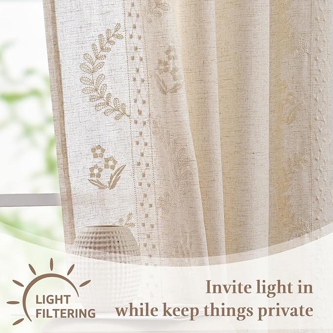 jinchan Belrose Linen Floral Kitchen Curtains 36 inch Length Embroidered Farmhouse Cafe Curtains for Living Room Bathroom Small Windows Curtain Set Sheer Light Filtering 2 Panels Ivory