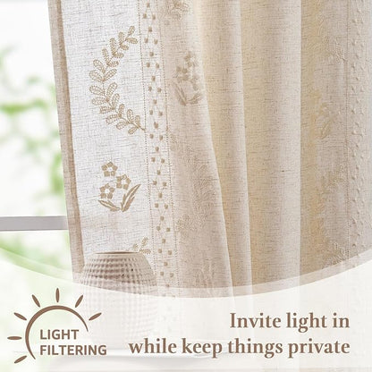 jinchan Belrose Linen Floral Kitchen Curtains 24 inch Length Embroidered Farmhouse Cafe Curtains for Living Room Bathroom Small Windows Curtain Set Sheer Light Filtering 2 Panels Ivory