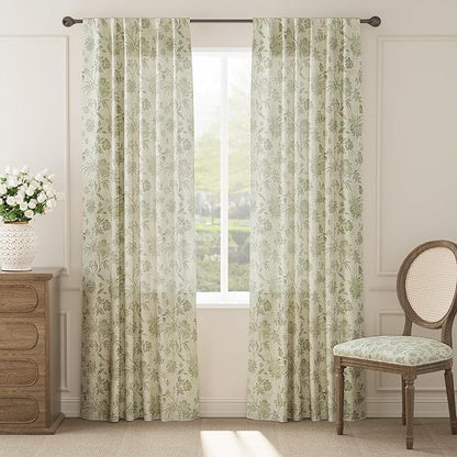 jinchan Linen Floral Curtains for Living Room with Printed Flower 84 Inches Long Light Filtering French Country Back Tab Rod Pocket Sage Green Window Curtain Set Farmhouse Drapes 2 Panels