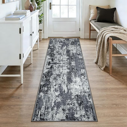 Washable Area Rugs 2'6''x8 Non-Slip Modern Abstract Soft for Living Room Entryway Bedroom Nursery, Print Pattern, Black Navy Blue Gray