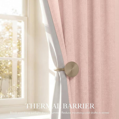 RYB HOME Pink 100%Blackout Linen Curtains for Girl's Room W52 x L96, Thermal Insulated &Privacy Assurd Curtains for Bedroom/Nursery/Living Room, Rod Pocket&Back Tab Drapes Boho Vintage Style, 2 Panels