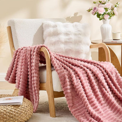 BEDELITE Large Throw Blankets for Couch - 3D Ribbed Jacquard Cute Fuzzy Fleece Blanket, Warm and Breathable Soft Cozy Throw XL Blanket, Dusty Pink