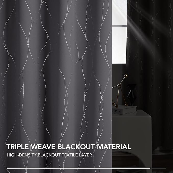 Deconovo Short Curtains Grey, Blackout Kitchen Curtain, Thermal Insulated Soundproof Drapes, Wave Dots Foil Print, 52 x 54 Inches, 2 Panels, Machine‑Washable Privacy Window Panel for Small Windows
