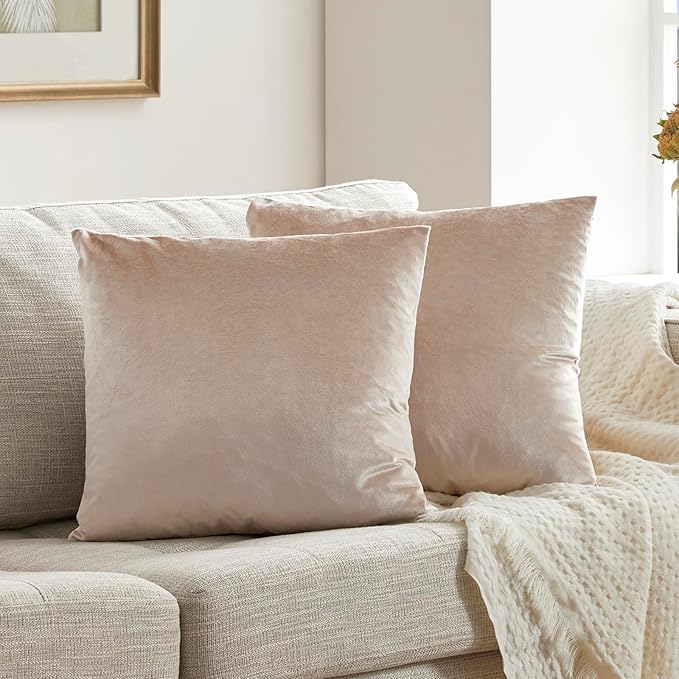 GIGIZAZA 24x24 Beige Pillow Covers: Pack of 2 Champagne Vintage Throw Pillows Super Soft Velvet Covers - Decorative Elegant Square Big Solid Cushion Covers Used for Couch,Living Room,Bedroom
