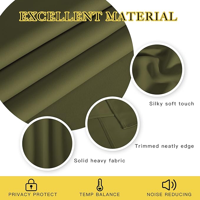 NICETOWN Olive Bedroom Curtains 72 inches Long, Grommet Blackout Thermal Insulated Window Treatment Room Darkening for Bedroom/Home Office, 2 Panels, W37 x L72