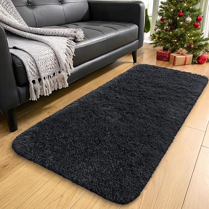 OLANLY 3x7 Machine Washable Runner Rugs for Hallway, Soft Fluffy Shaggy Bedside Rugs for Bedroom, Living Room, Indoor Floor Carpet for Kids Girls and Boys, Nursery Rooms, Home Decor Aesthetic, Black