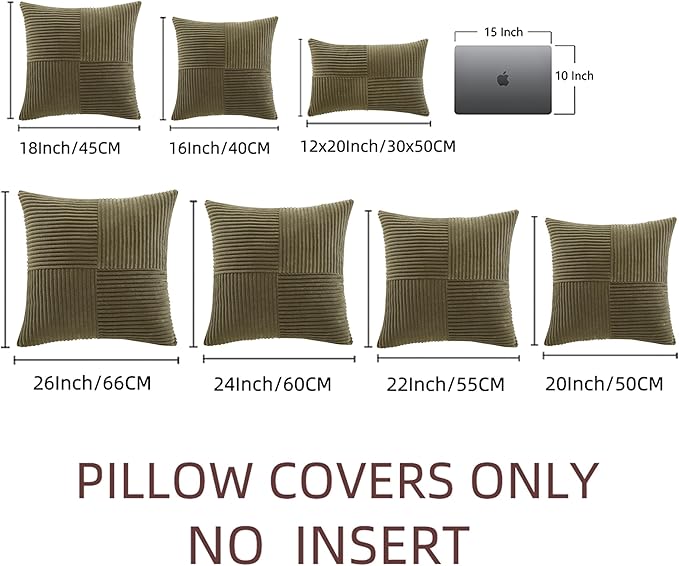Fancy Homi 2 Packs Olive Green Decorative Throw Pillow Covers 18x18 Inch for Living Room Couch Bed Sofa, Rustic Farmhouse Boho Home Decor, Soft Corss Corduroy Patchwork Textured Cushion Case 45x45 cm
