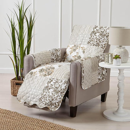Great Bay Home Reversible Patchwork Recliner Cover - Washable Slipcover Furniture Protector with Elastic Straps - Perfect for Kids & Pets - Box-Stitched Detail (Taupe)