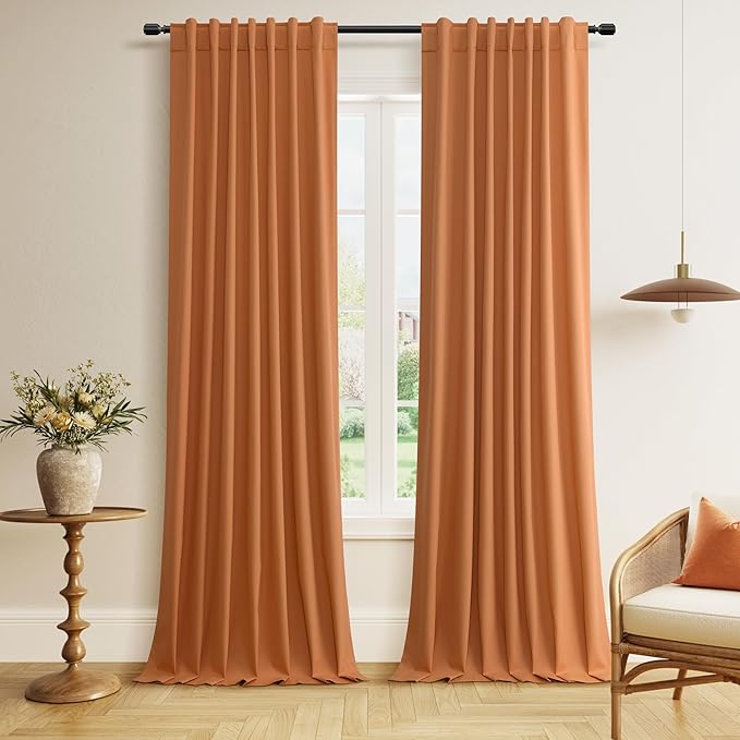 Guken Orange 100% Blackout Linen Curtains 96 Inch Length 2 Panels Set for Living Room Bedroom Back Tab/Rod Pocket Thermal Insulated Black Out Drapes Room Darkening Window Curtains 96 Inches Long