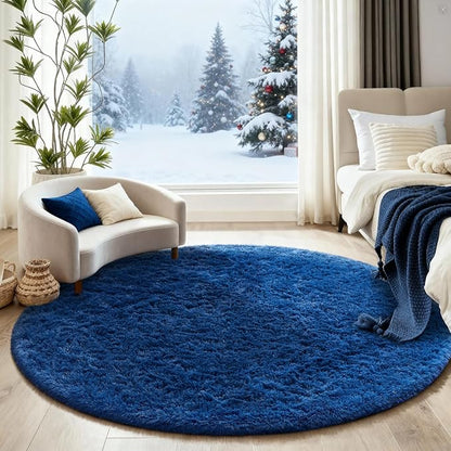 Ophanie Blue Round Rug 5Ft Circle Area Rug, Boys Room Decor, Fluffy Fuzzy Bedroom Carpet, Plush Soft Shaggy Living Room Rugs for Kids Home Decor Aesthetic, Nursery