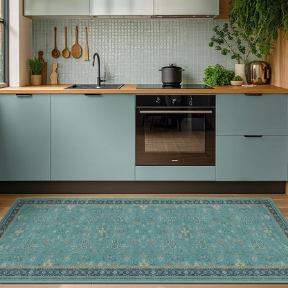 Hazo Haus Boho 2x6 Non Slip Kitchen Rug Runner - Teal Washable Rug for Bathroom, Laundry Room, Hallway, Non Slip with Rubber Backing, Floral Aqua Blue Unique Runner Décor