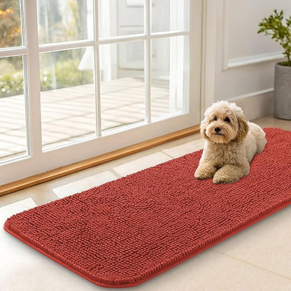 OLANLY Dog Door Mat for Muddy Paws 47x17, Absorbs Moisture and Dirt, Absorbent Non-Slip Washable Doormat, Quick Dry Chenille Mud Mat for Dogs, Entry Indoor Entryway Carpet for Inside Floor, Maple Red