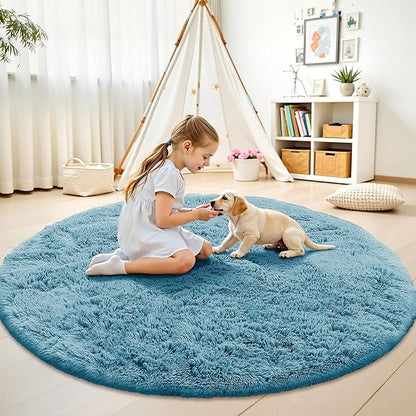 OLANLY Slate Blue Round Rugs for Bedroom - Machine Washable, 7 ft Circle Area Rugs for Living Room, Soft and Fluffy Shaggy Carpet for Teen Girl and Boys, Nursery Rooms, Dorms, Home Decor Aesthetic