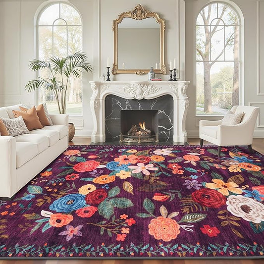 Area Rugs 9x12 Living Room Washable Rug Non Slip Floral Low Pile Large Rug for Living Room, Bedroom, Farmhouse, Dining Room, Kids Playroom(Purple Lawn, 9 x 12)