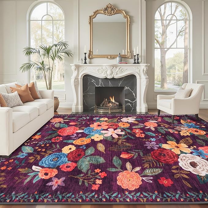 Living Room Rugs, Area Rugs 5x8 Rug for Bedroom Ultra-Thin Soft, Non-Slip Washable Rugs Stain Resistant Boho Rug Low-Pile Throw Rug for ‎Dining Room Office (5 x 8, Purple)