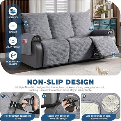 TAOCOCO 100% Waterproof Recliner Sofa Cover, Non Slip Split Couch Covers for Reclining Couches with Elastic Straps, Washable Reclining Sofa Cover Furniture Protector for Kids Pets(3 Seater, Gray)