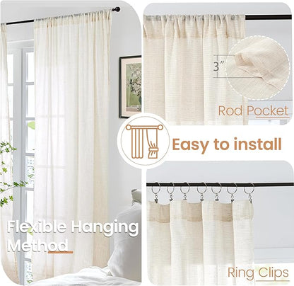 BGment Beige Linen Curtains 63 Inch Length for Living Room - Cream Semi Sheer Drapes Rod Pocket Rustic Natural for Bedroom Country Decorative Light Filtering, 2 Panels, Each Panel 52 Inch Wide