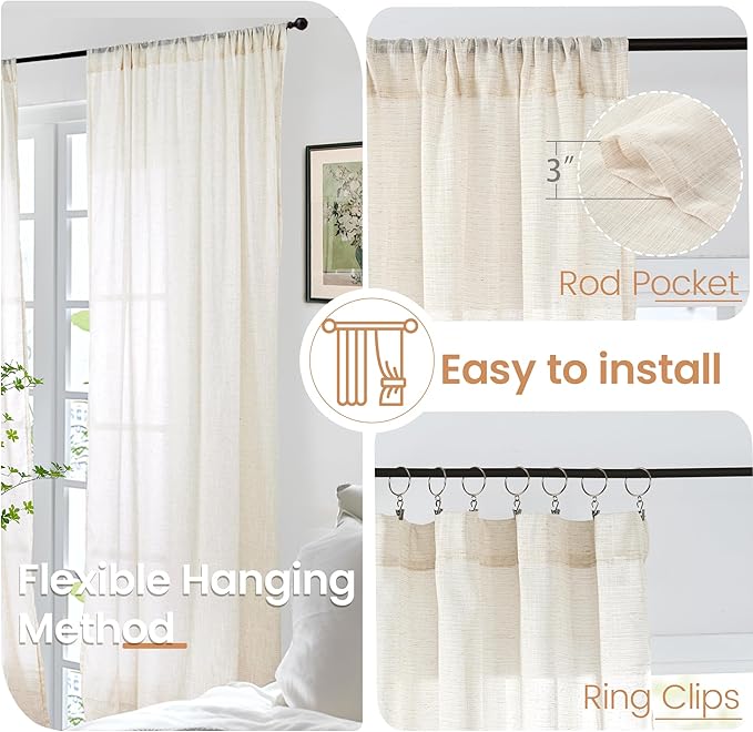 BGment Beige Linen Curtains 45 Inch Length for Short Kitchen Cafe Window - Small Cream Semi Sheer Drapes with Rod Pocket Rustic Natural for Bathroom Lightweight, 2 Panels, Each Panel 30 Inch Wide