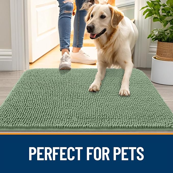 OLANLY Dog Door Mat for Muddy Paws 54x32, Absorbs Moisture and Dirt, Absorbent Non-Slip Washable Doormat, Quick Dry Chenille Mud Mat, Entry Indoor Entryway Carpet for Inside Floor, Olive Green